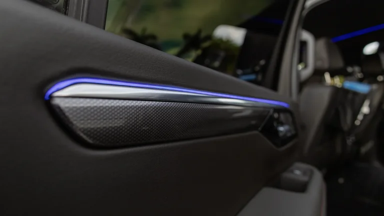 Blue ambient lighting strip on a Suburban's rear door panel